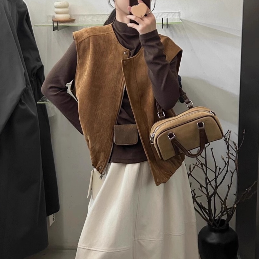 American retro suede sleeveless vest for women, plus size, loose and casual, stylish jacket/top for spring and autumn.