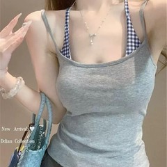 泰式独特海边吊带假两件带胸垫背心女夏装巨好看灰色挂脖无袖上衣