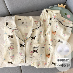带胸垫睡衣女款春秋季云朵纯棉纱长袖日系ins小狗套装家居服夏天