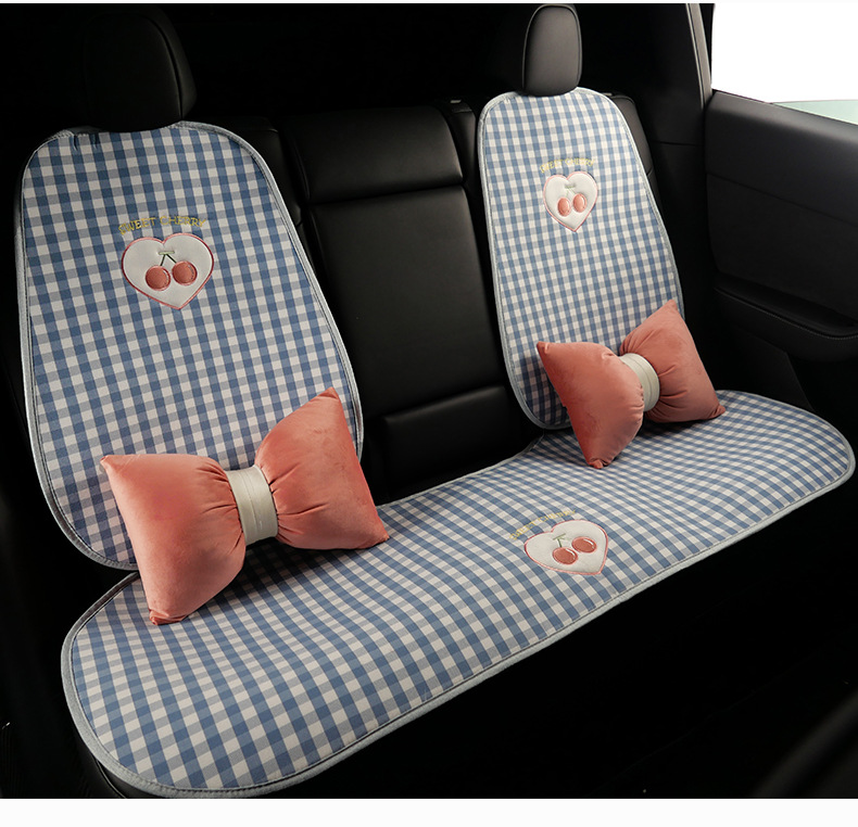 Plaid Cherry Car Cushion Four Seasons Universal Linen Single Piece Goddess Seat Cover Semi-enclosed Breathable Summer Day