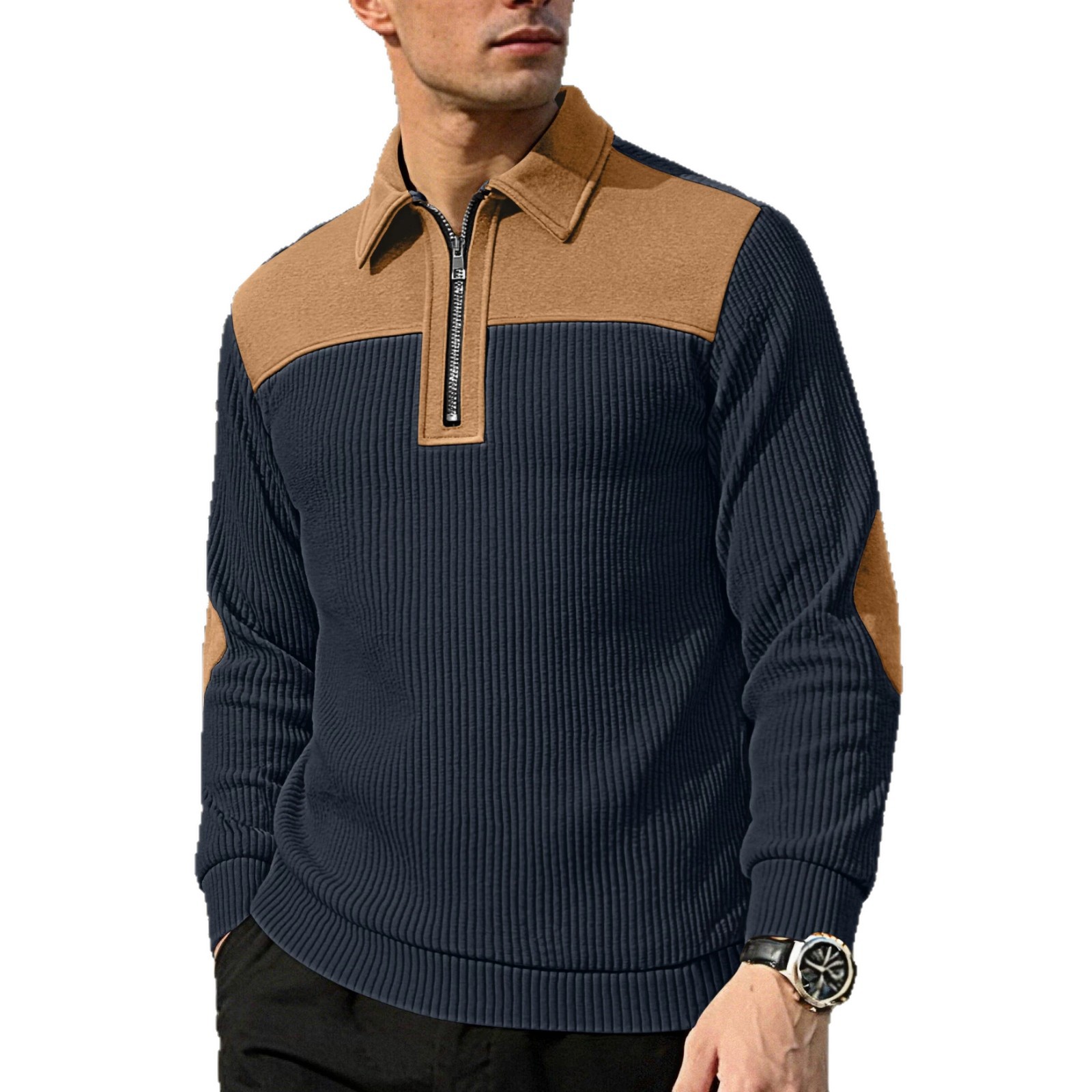 Transfronterizo Europa y América Amazon otoño y invierno explotador hombre cuello medio cremallera moda de terciopelo de color combinado camisa Henry suéter hombre