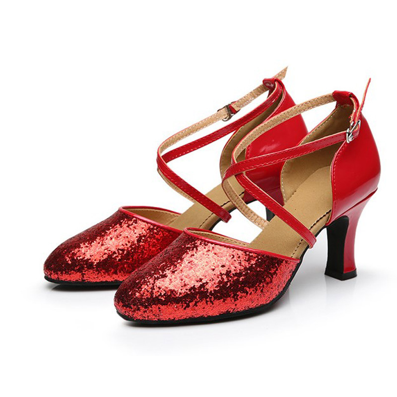 Zapatos de baile modernos de Punta cerrada con lentejuelas para adultos de mujer zapatos de baile de fondo suave de tacón medio zapatos de baile cuadrados de mujer zapatos de baile de mujer