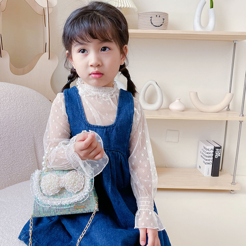 Children's butterfly bow accessory princess stylish pearl handbag Korean version mini chain coin shoulder bag crossbody bag