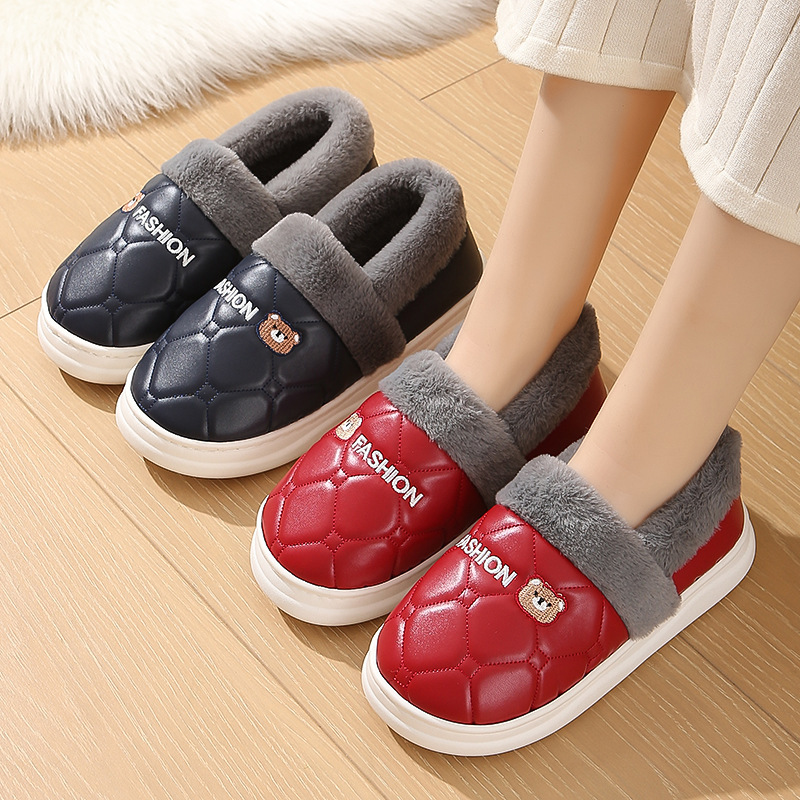 3.5CM厚底、ヒール付き、綿入りスリッパ、女性用、25新作、PUレザー、防水、秋冬、産後、屋外でも履ける、男性用、毛皮スリッパ|undefined