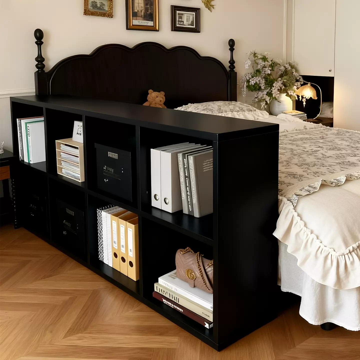 中古风铁皮收纳柜落地格子柜半包围床边柜卧室储物柜家用飘窗柜子