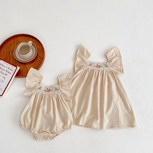 INS  Summer Infant and Toddler Girls Flower Embroidered Skirt + Cotton Big Flying Sleeve Harness Sisters Outfit