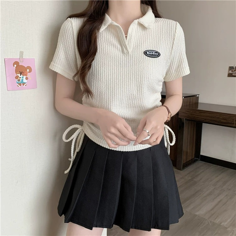 Large size American front shoulder polo neck short sleeved t-shirt for women 2024 new summer chubby mm top design_voghion.com