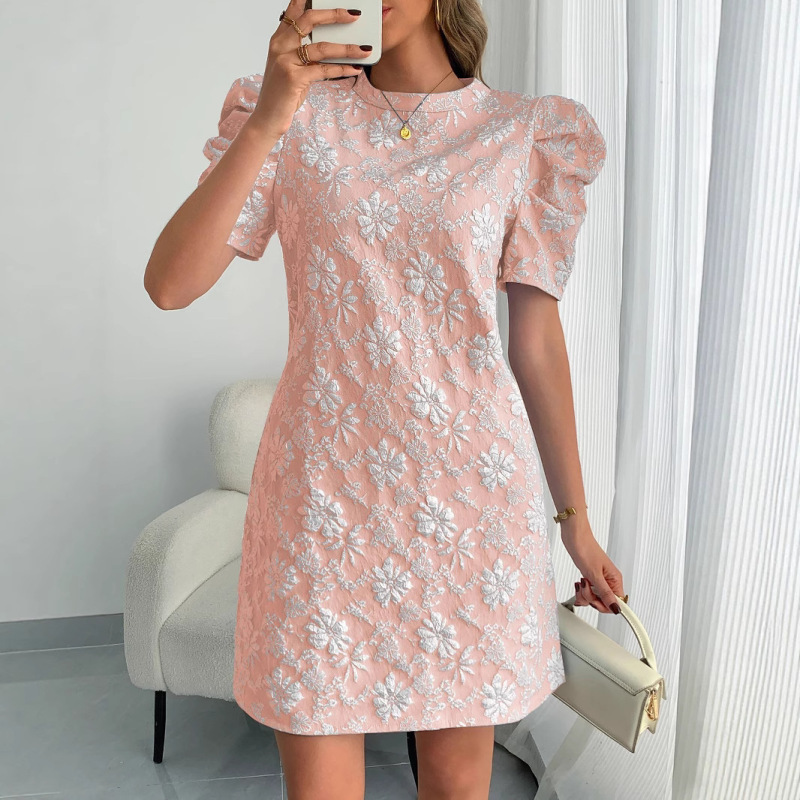 2025 European and American Cross-Border Summer New Women's Puff Sleeve Texture Jacquard Round Neck Retro Style Dress in Stock