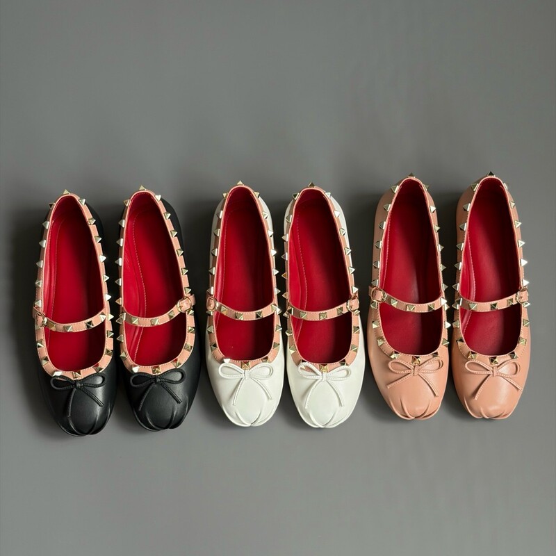 Genuine leather~Zhao Lusi's same style studded bow ballet flats for women, summer fashion shallow Mary Jane flat shoes Genuine leather~Zhao Lusi's same style studded bow ballet flats for women, summer fashion shallow Mary Jane flat shoes
