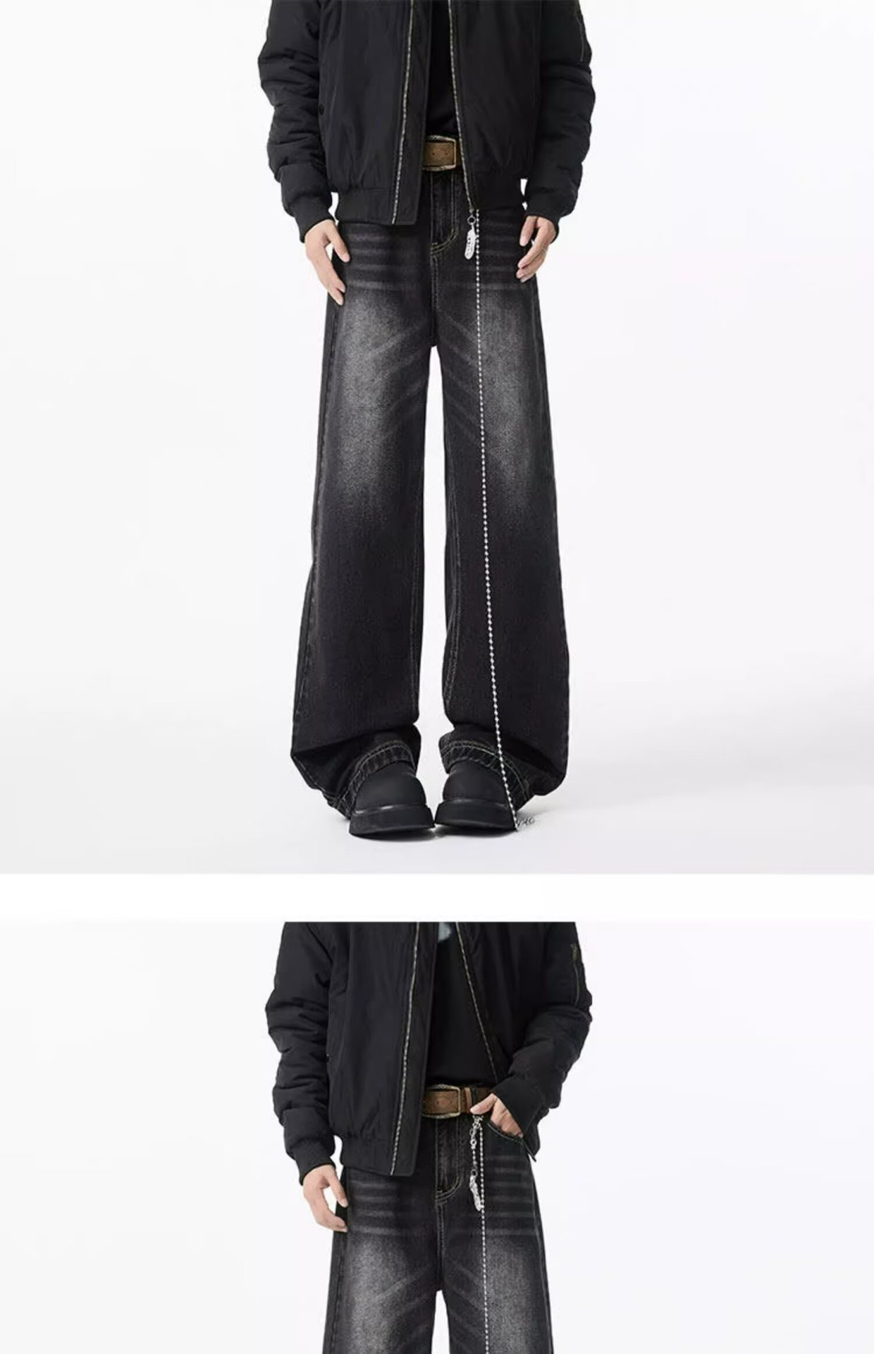 Men's Vintage Washed Denim Jeans Slightly Flared Wide-Leg Cat Whisker Detailing High-Street Style Cleanfit Black Blue (S-3XL)_mkmklike.com