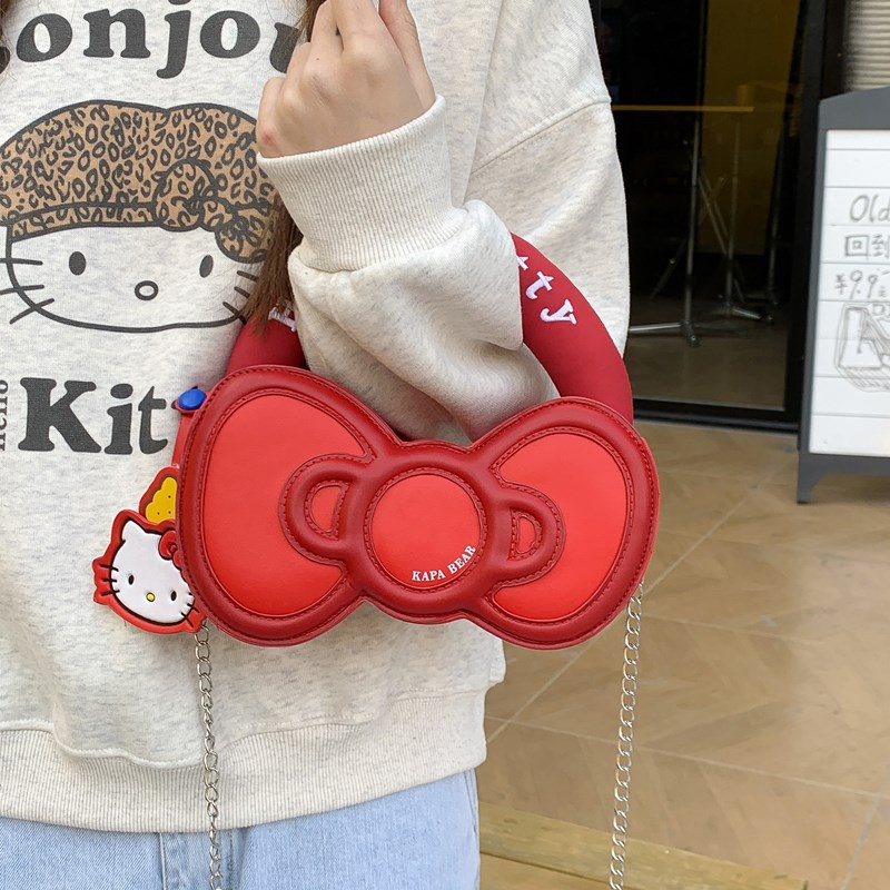 卡通猫咪挂件包包韩系新款甜美少女心单肩包可爱蝴蝶结定型饼干包