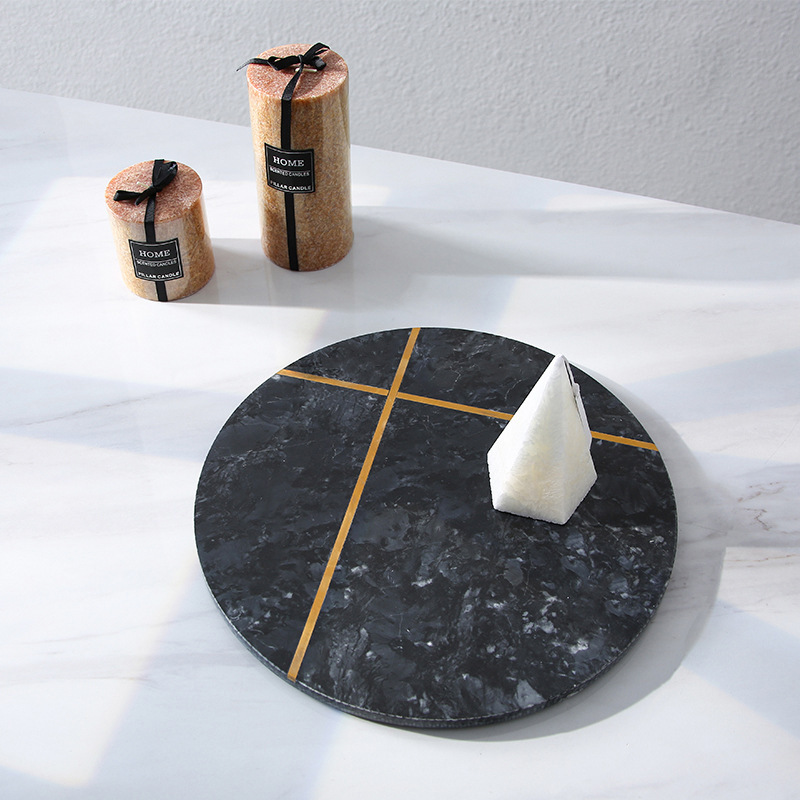 Luz nórdica estilo de lujo ronda de mármol natural con incrustaciones de cobre bandeja de decoración suave bandeja de presentación de cosméticos placa