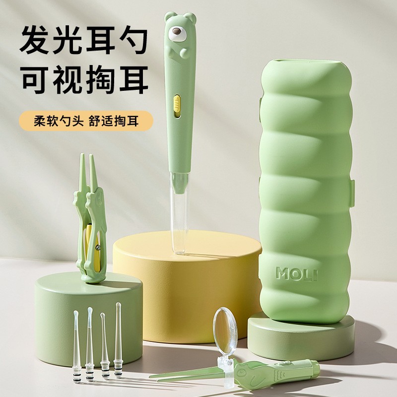 软头发光耳勺USB充电儿童采耳工具掏耳勺硅胶挖耳勺带灯可视耳镊