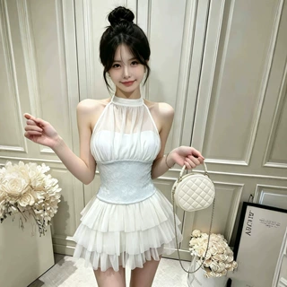跨境蕾丝挂脖美背外贸挂脖蕾丝拼接网纱吊带背心女新款纯欲风上衣