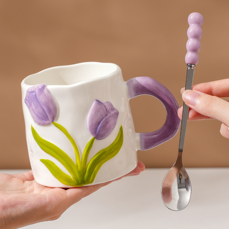 Taza de Tulipanes de alto valor, taza de cerámica esmaltada, regalo del Día del Maestro, taza de agua doméstica para niñas