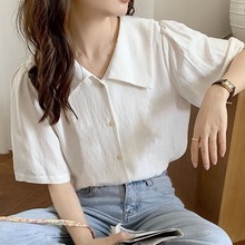 白色衬衫女短袖设计感小众衬衣韩版新款复古港味法式领气质上衣