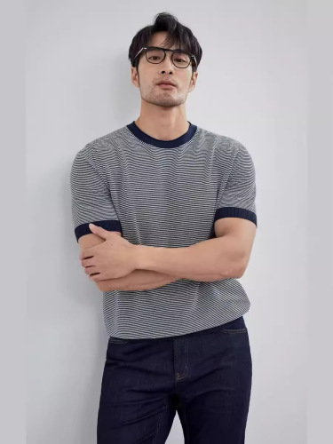 Ice Silk Round Neck Knit Short Sleeve Summer T-Shirt with Fine Stripes Half Sleeve Base Layer Thin Collor Blocking T-Shirt with Nautical Print
