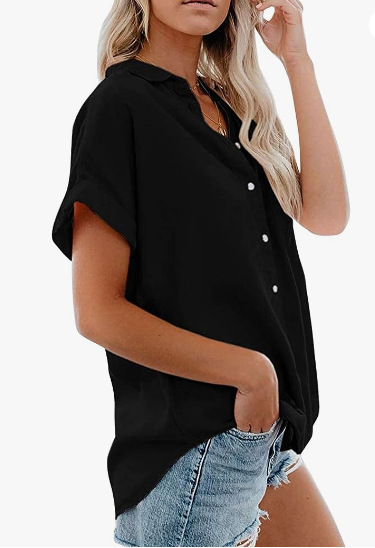 Amazon Independent Platform European and American Cross-Border Foreign Trade Women's Short-Sleeved Button Pocket Shirt for Outerwear, Comfortable Turn-Down Collar