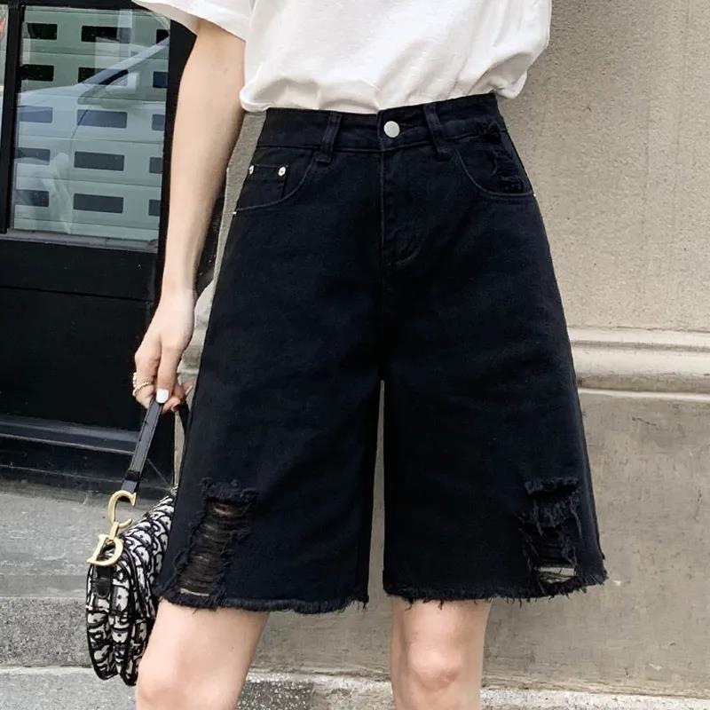 Official Figure Jeans Women's Summer High Waist Straight Tube 2024 New Fashionable Loose Wide Leg Black Five-point Thin Ripple