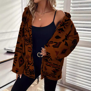 2025 Autumn and Winter European Amazon Lapel Mid-Length Top Plus Size Women's Pocket Totem Print Stuffed Cardigan Jacket