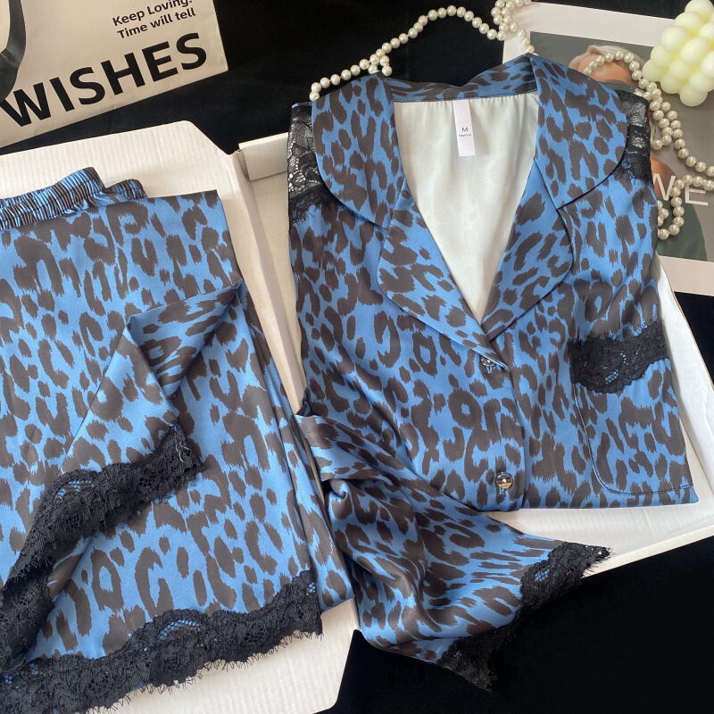 Lace Shoulder Leopard Print Women's French-Style Exquisite Pajamas, Ice Silk Early Spring Comfortable Long-Sleeve Loungewear Set, Can Be Worn Outside Lace Shoulder Leopard Print Women's French-Style Exquisite Pajamas, Ice Silk Early Spring Comfortable Long-Sleeve Loungewear Set, Can Be Worn Outside