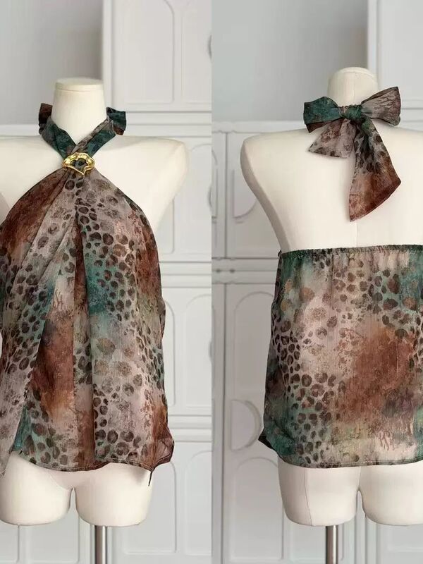 Millennial Leopard Print Three-Color Gradient Tie-Neck Printed Blouse for Women, High-Quality Short Sleeveless Top with Straps Millennial Leopard Print Three-Color Gradient Tie-Neck Printed Blouse for Women, High-Quality Short Sleeveless Top with Straps