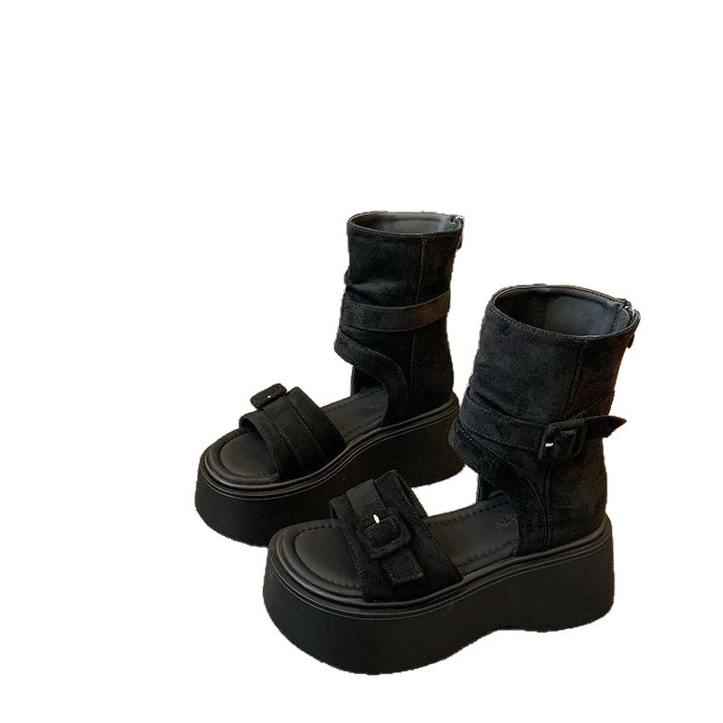 Retro botas romanas de fondo grueso para mujeres otoño y verano 2026 nueva moda versátil botas con cremallera trasera aumentando la altura de los zapatos romanos