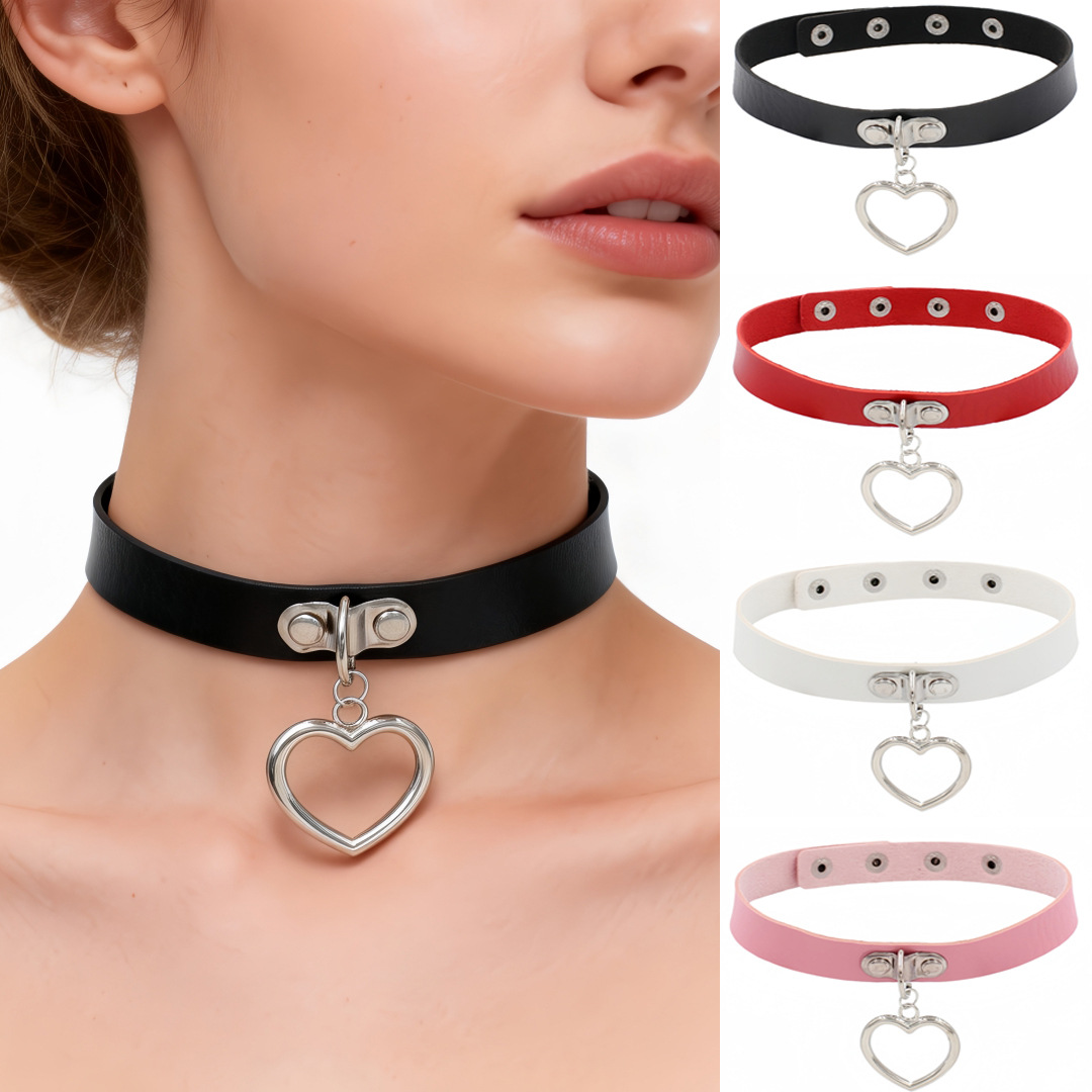 Eco-Friendly Pu Leather Cross-Border Punk Gothic Harajuku Soft Girl Heart Pendant Choker Necklace for Women Collarbone Necklace