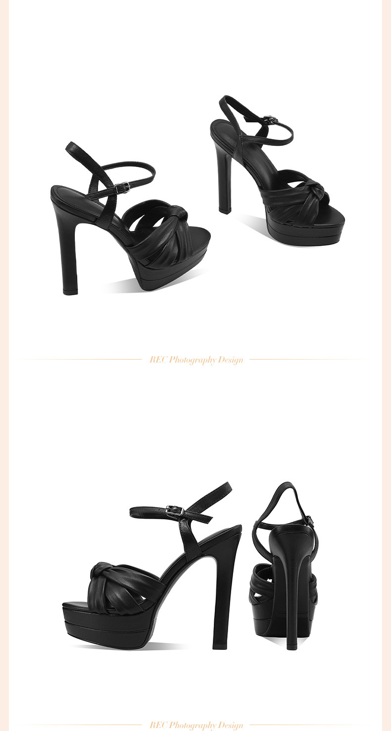 Sandal cao gót nữ hở mũi quai ngang nơ bướm, gót 13 cm — đen chi tiết 3