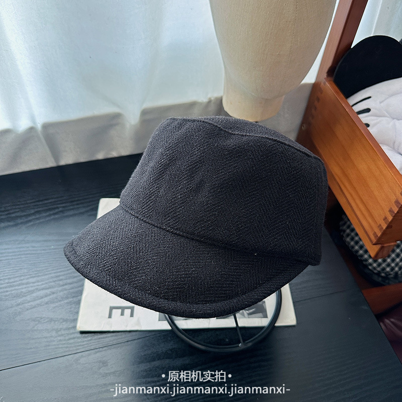简约纯色平顶帽子女秋冬休闲百搭复古马术帽宽檐遮阳帽毛呢鸭舌帽|undefined