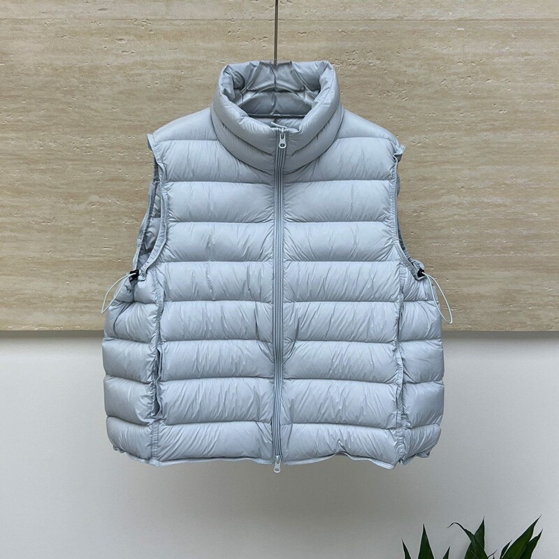 White duck down ribbed down vest for women, short style, 2025 autumn/winter new Korean version, loose fit, stand-up collar, super stylish vest