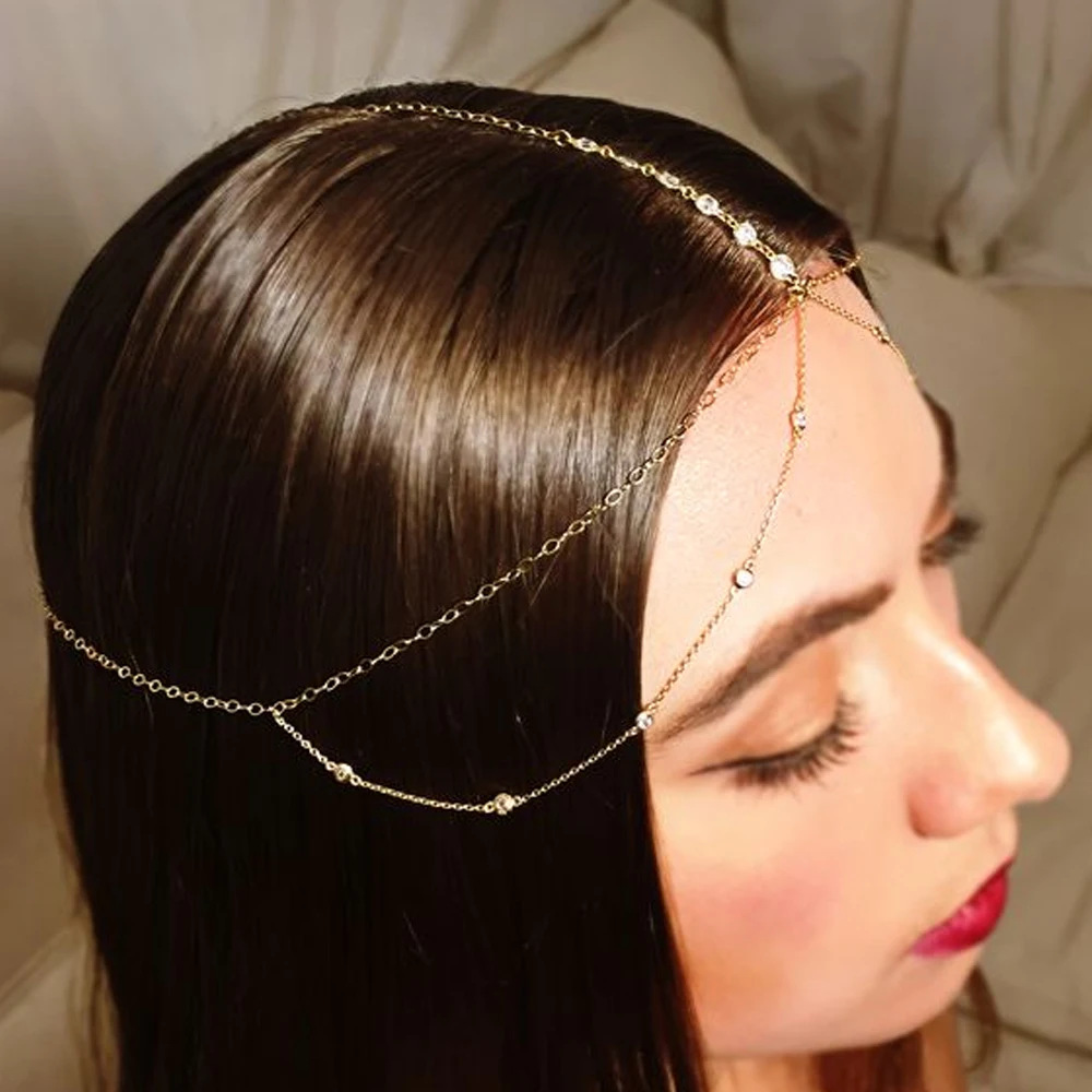 Cross-border New Multi-layer Metal Chain Hair Chain European and American Gothic Rhinestone Forehead Chain Headwear Women's hair chain
