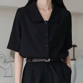 T黑色短袖衬衫女衬衣设计感小众夏季高级垂感职业通勤雪纺v领上