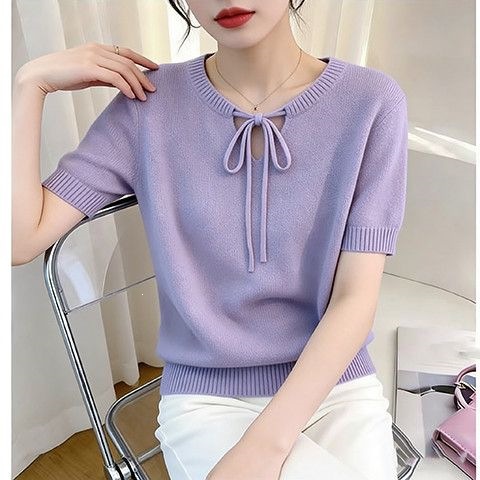 Áo thun nữ tay ngắn cổ tròn dáng rộng chất liệu dệt kim mỏng mùa hè — Xanh lá cây nhạtcolor, Màu tím. chi tiết 3
