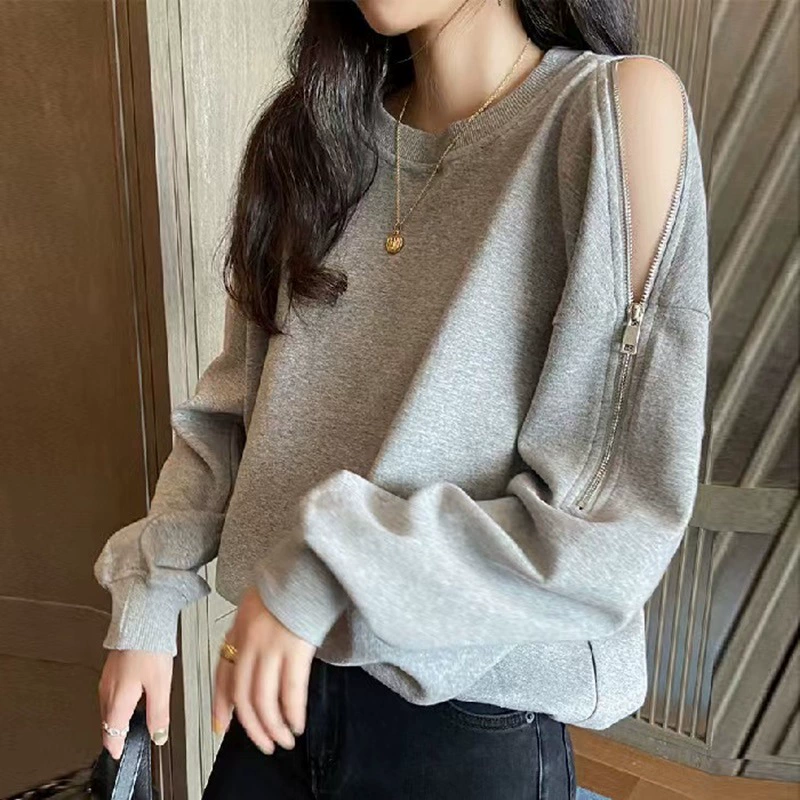 Sweatshirt jacket, Korean style demi-season, round collar with zip shoulder cut-out