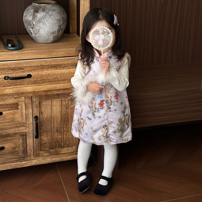 儿童汉服连衣裙秋季女童新中式提花粉色旗袍裙中小童改良旗袍唐装|undefined