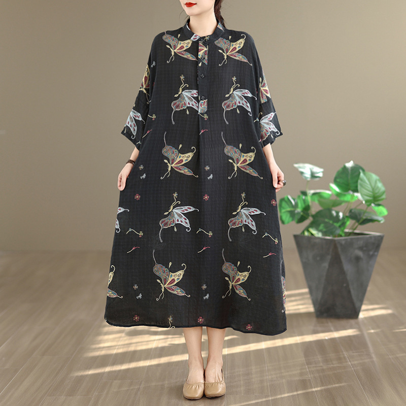 2026 Spring New Style Elegant Artistic Retro Cotton and Linen Printed Stand-Collar Loose Oversized Vacation Dress 2026 Spring New Style Elegant Artistic Retro Cotton and Linen Printed Stand-Collar Loose Oversized Vacation Dress