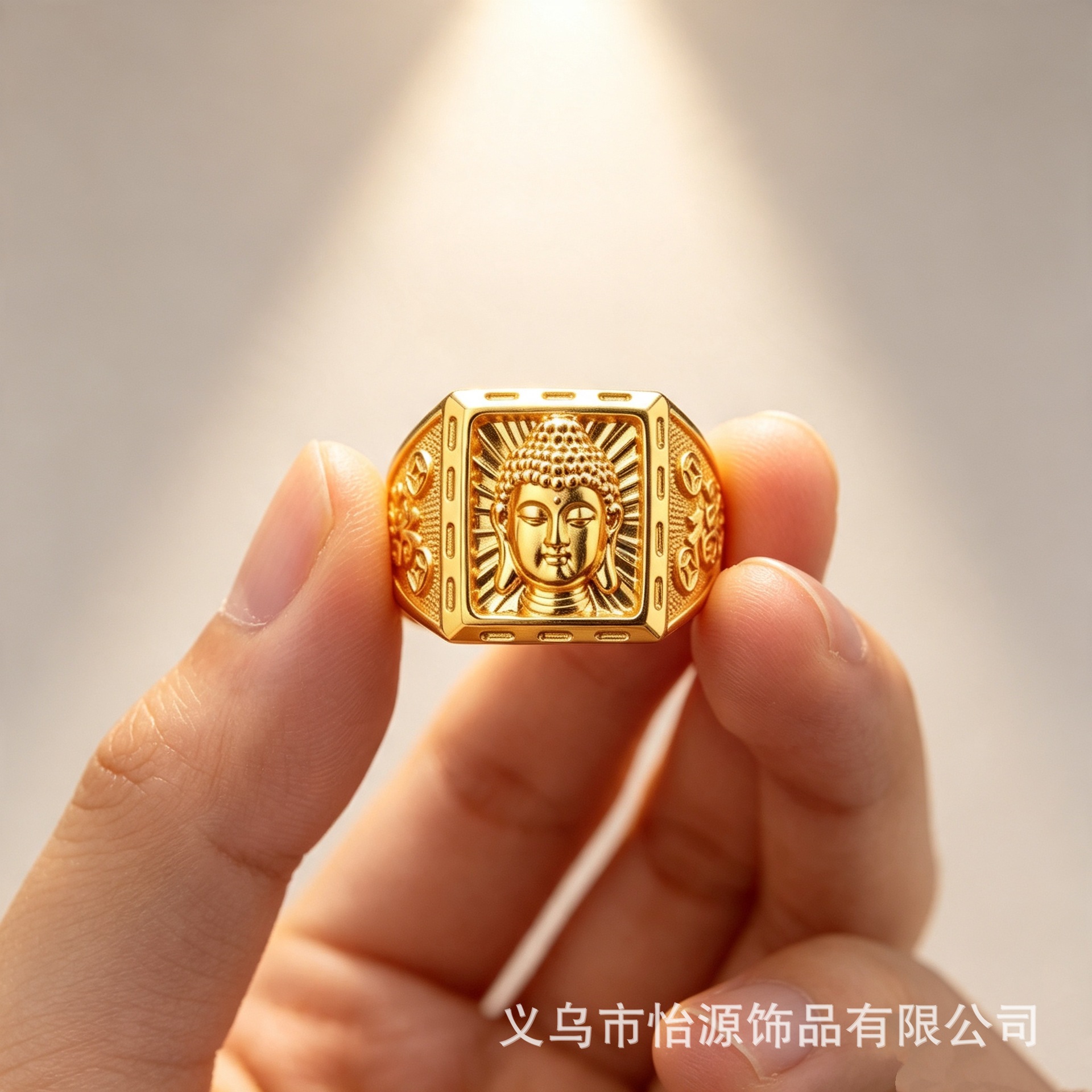 New men's gold-plated ring with Buddha image, 999 gold-plated open ring with Buddha head, money and fortune characters, gold ring in stock