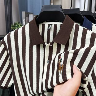 【Qi02】Summer Men's Short Sleeve Light Luxury T-Shirt Striped Polo Shirt Loose Turn-Down Collar Business Top Men's Clothing