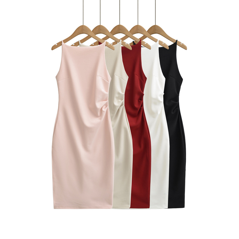 Ay769-26 Early Spring New Style American-Style Slim-Fit Pleated One-Shoulder Neckline Side Slit Camisole Dress