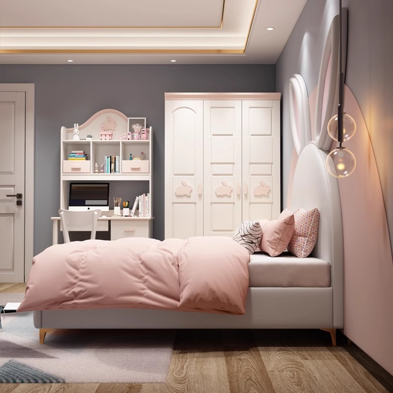 Cama infantil, cama de orejas de conejo, cama de ventana de crema, simple y moderna, cama de ventana de niña encantadora, habitación de niños de cuero de vaca. image 3