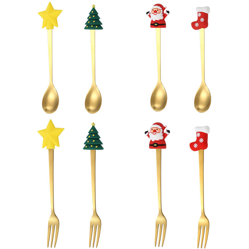 クリスマススプーンセット クリスマス食器ギフト2点セット デザートスプーンとフォーク サンタクロースとトナカイのフィギュア付きスプーン|undefined