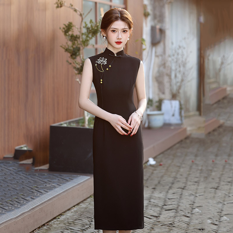 Black long lightweight retro summer cheongsam sleevless