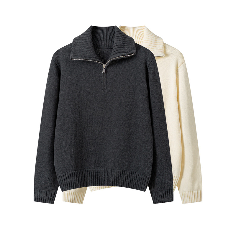 100% Cotton Half-Zip Sweater Women's Autumn and Winter Lapel Long-Sleeved Outer Loose Cotton Casual Knitted Sweatshirt Jacket