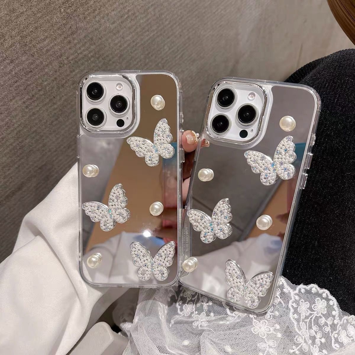 Cosmetic Mirror Stereo Butterfly Suitable for Apple 16Promax Mobile Phone Case Stereo Pearl Apple 16/15P Protective Cover