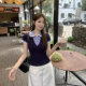 plus size Design Sense Fake Two-piece Shoulder T-shirt Plaid Lace Stitching Polo Neck Slim-fit Slim Top