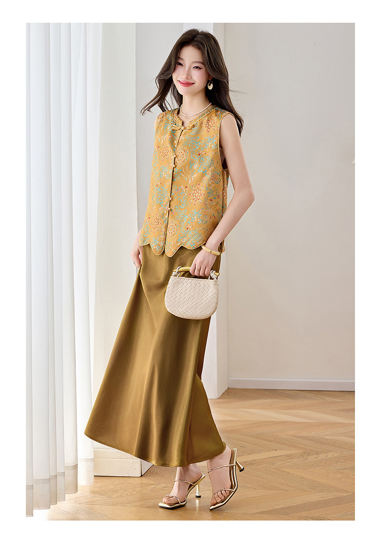 Set áo gile vest và chân váy maxi thắt eo phong cách tân cổ điển WA9509 — màu vàng chi tiết 14