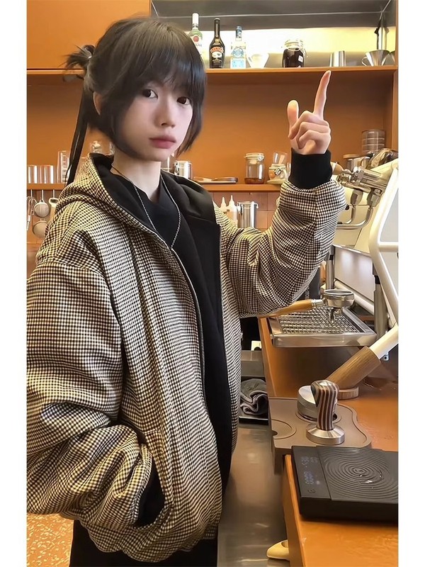 美式复古双面穿千鸟格拉链连帽卫衣男女cleanfit短款情侣夹克外套|undefined