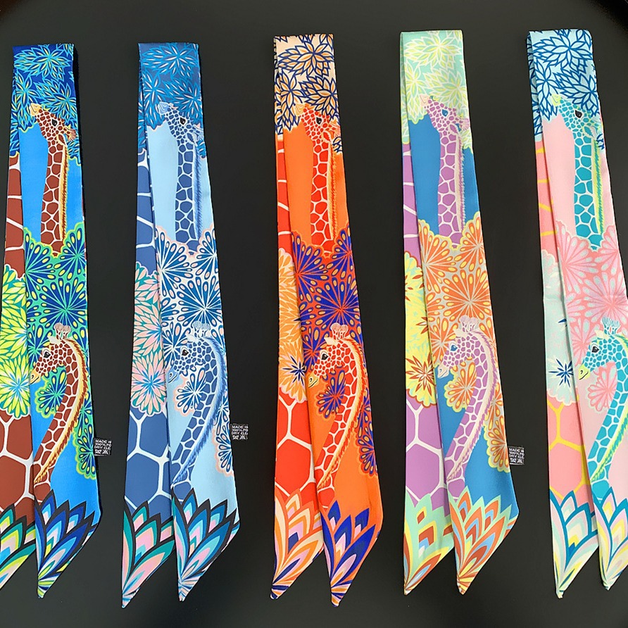 유행 올 매치 작은 실크 스카프 클래식 기린 여성의 작은 리본 포장 가방 핸들 헤어 벨트 선물 스카프