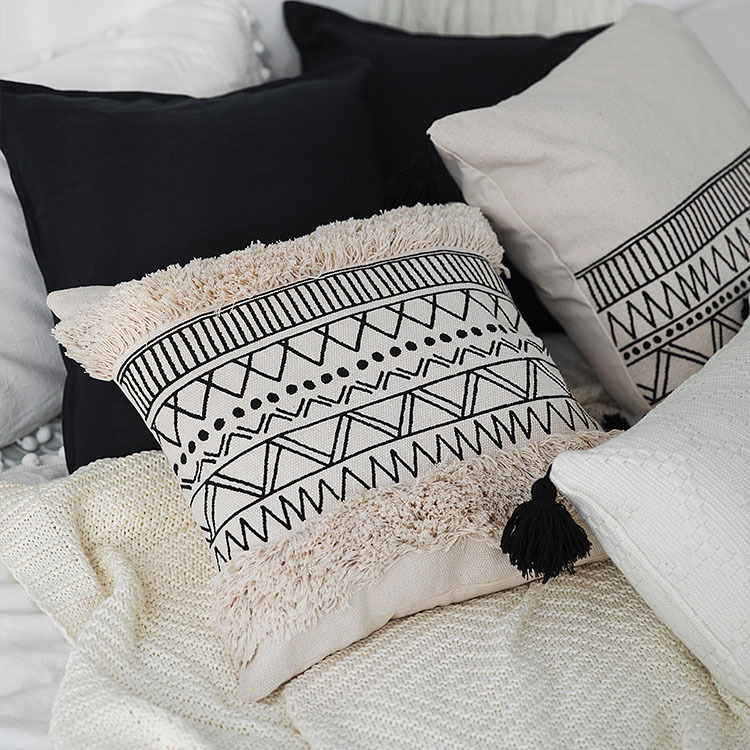 Foreign Trade Nordic ins Cotton and Linen Pillow Light Luxury Design Geometric Pattern Tassel Waist Pillow Morocco Sofa Pillow